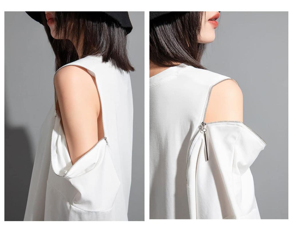 Morino Short Sleeve Loose Fit Solid Street Summer Size Women's T-Shirt, Color, Asymmetrical, Zippered, Off-the-Shoulder, Casual, Fashionable, Unique,