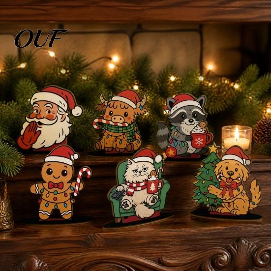 Decorative Character Figures 6Pcs Christmas Wooden Tabletop Ornaments, Stable Base Cartoon Animal/Santa Claus/Gingerbread Rustic Wood Ornaments