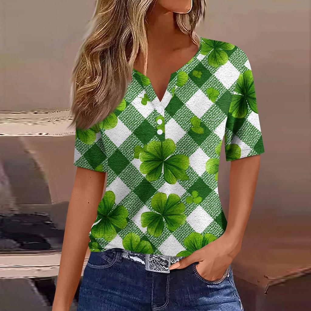 Women's T Shirt Tee Print Button Short Sleeve Daily Weekend Fashion Basic V- Neck Regular Top St. Patrick's Day