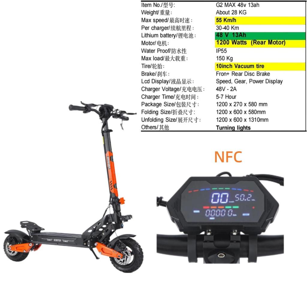 G2 MAX 1200W 48V 21ah 55 KM/H electric scooter, foldable, with seat, for city and off-road use E Scooter