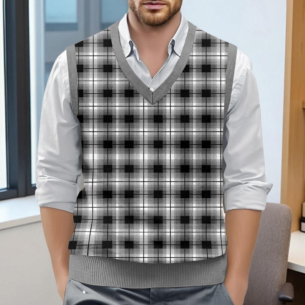 Мужской жилет без рукавов с клетчатым принтом и V-образным вырезом, вязаный джемпер