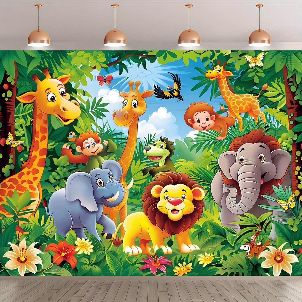 A set of cartoon animal jungle collection items, including elephants and giraffes