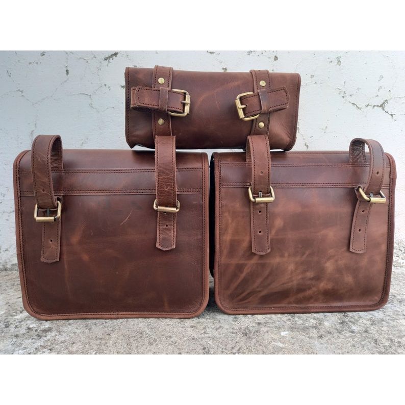 Кожаная седельная сумка Мотоциклетная сумка Кожаная сумка из шкуры буйвола Мотоциклетная седельная сумка Коричневые кофры для мотоцикла ручной работы Набор из 3 сумок