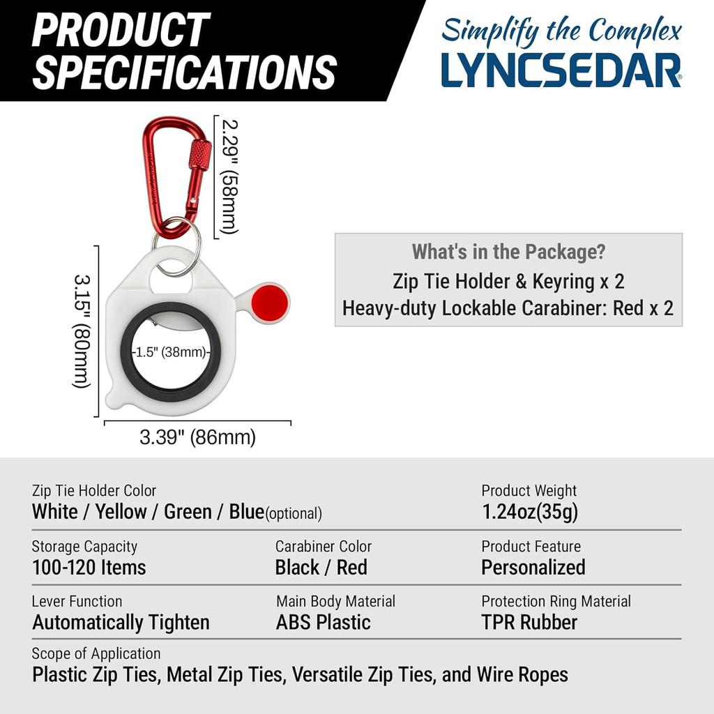 2-Pack Zip Tie Holder, White Cable Tie Holder, Heavy-duty Lockable Carabiner, Reble Zip Ties Holders for Tool Belt, Ziptie Holders Organizer Help