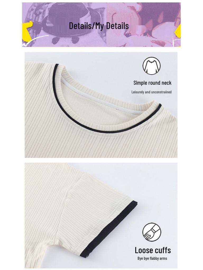 2025 Spring/Summer Women's Cotton Pullover Pajama Set - Short Sleeve Top with Long Pants