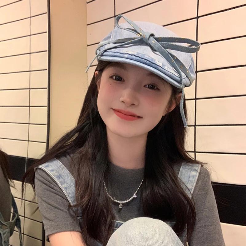 Vantage Original Bow Forward Hats для женщин Y2k 2024 Весна и лето Новые универсальные дорожные солнцезащитные ретро-береты из денима