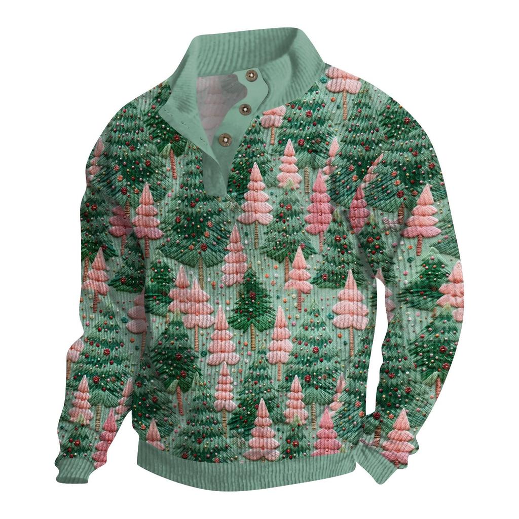 Мужская рождественская хлопковая рубашка-пуловер с длинным рукавом для активного отдыха, винтажная вельветовая рубашка с воротником-стойкой и пуговицами, повседневная толстовка с рождественским принтом