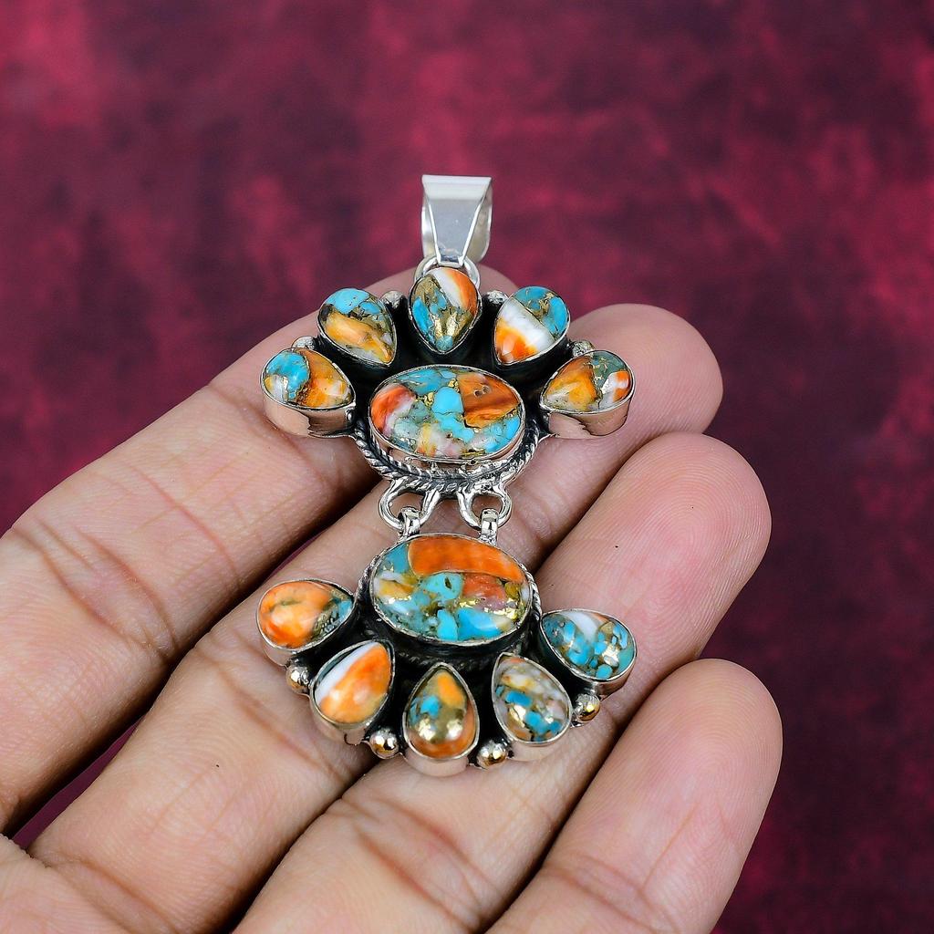 Подвеска ручной работы с оранжевым колючим устричным камнем, подвеска из стерлингового серебра 925 пробы, для Дня благодарения