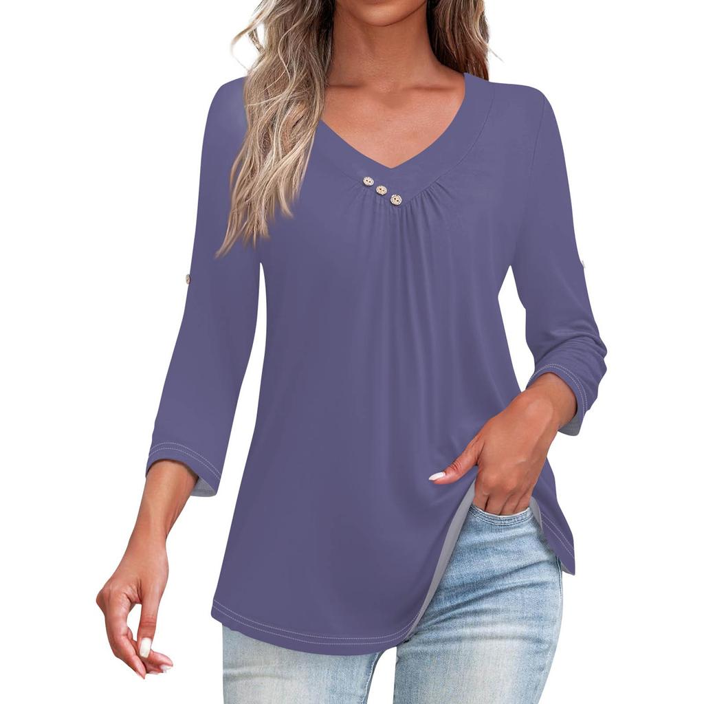 Shirts For Women Trendy V Neck Button T Shirts Casual Solid Color Summer Tees T Shirt Blouse Three Quarter Sleeve Tops For Women
