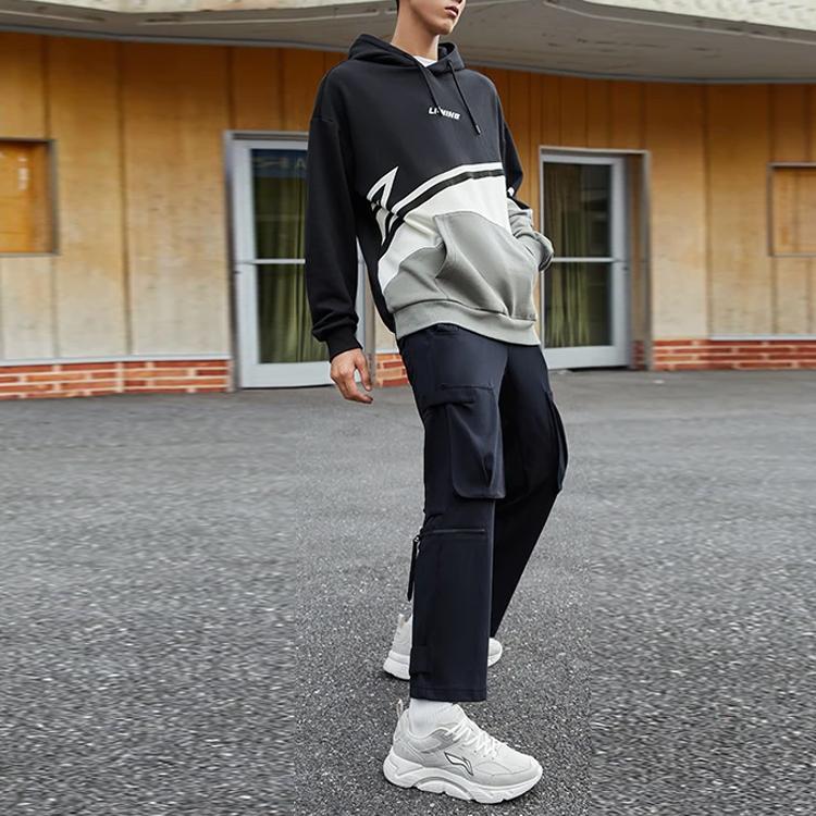 Li Ning Sports Lifestyle Series вышитый логотип цветной блок флисовый пуловер с капюшоном унисекс толстовка черный серый AWDRB82-3