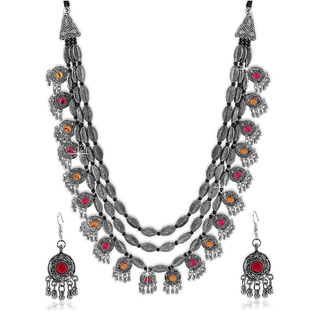 YouBella модный комплект украшений для женщин, антикварное оксидированное посеребренное ожерелье, этнические украшения, ожерелье, серьги, набор для женщин и девочек
