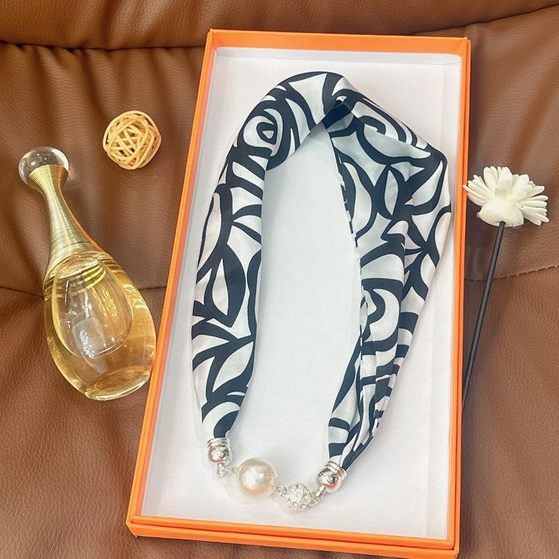 Silk Scarf Women's Spring, Autumn and Summer New Fashion Neck Protection Decoration Long Necklace Type Magnetic Buckle Scarf Small Scarf