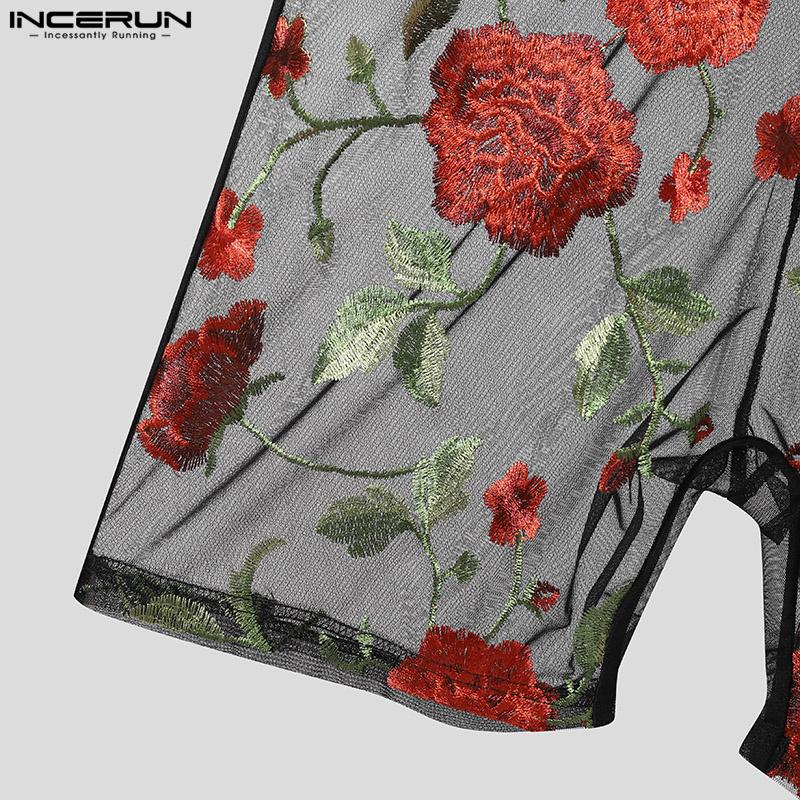 INCERUN Мужские прозрачные боди с коротким рукавом и прозрачной цветочной вышивкой