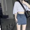 Уникальная эластичная юбка с разрезом, высокая талия, облегающая юбка до середины бедра, юбка-трапеция, короткая юбка Hundred, женская летняя модная джинсовая короткая юбка