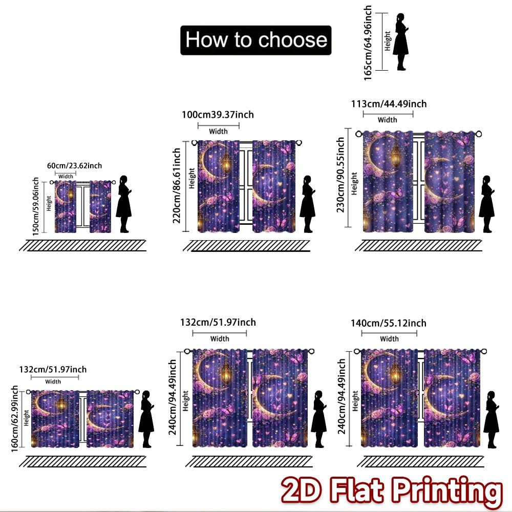 2D flat printing 2pcs Curtain Curtains Romantic Moon and Butterflies Digital Printed Polyester Drapes Holiday Decorations