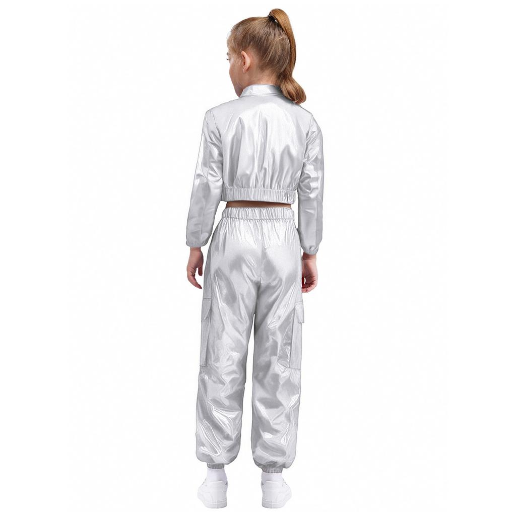 Unisex Kids Metallic Jacket Turn Down Collar Long Sleeve Outwear with Shiny Pants Dance Set
