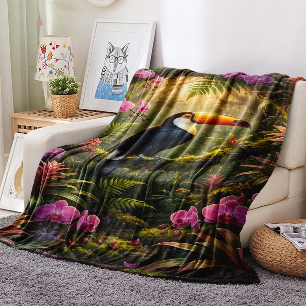 1PC Seasonal Toucan Art Print FlAannel Blanket, High quality Comfortable for All Seasons, Home Decor, Warmth and Comfort