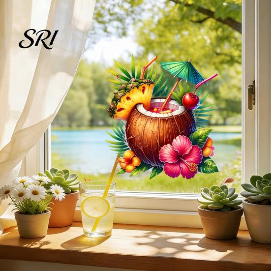 Temporary Window Sticker Summer Beach Cling Reusable Coconut Drink Pineapple Flower Static PVC Wall Removable Hawaiian Tropical Theme Glass Decals for