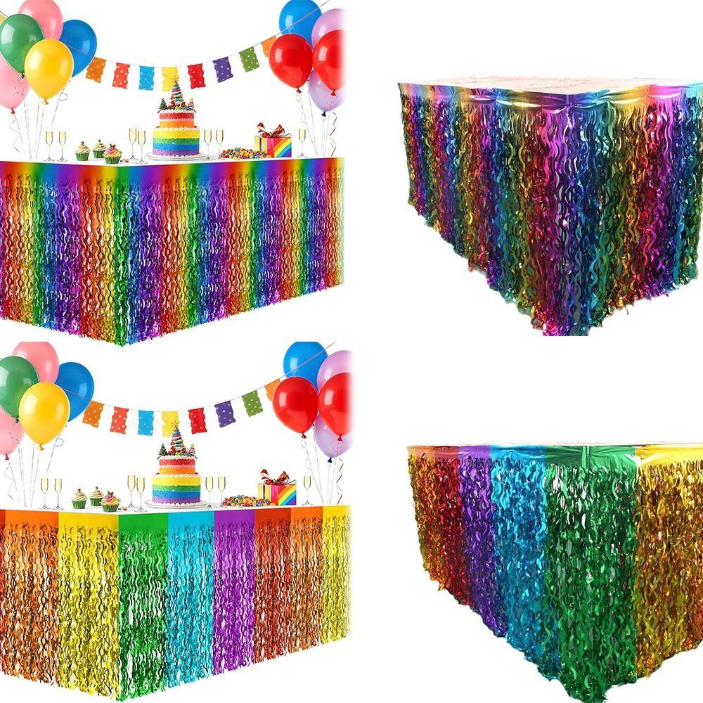 Rainbow Gradient Foil Fringe Table Skirt Wavy Design Table Decor Ornament Birthday Party