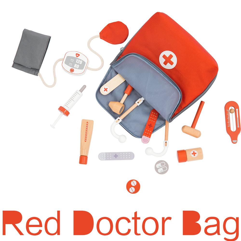Wooden Pretend Play Red Doctor's Kit Educational Toys for Children Medical Simulation Medicine Chest Set for Kids Role Playing