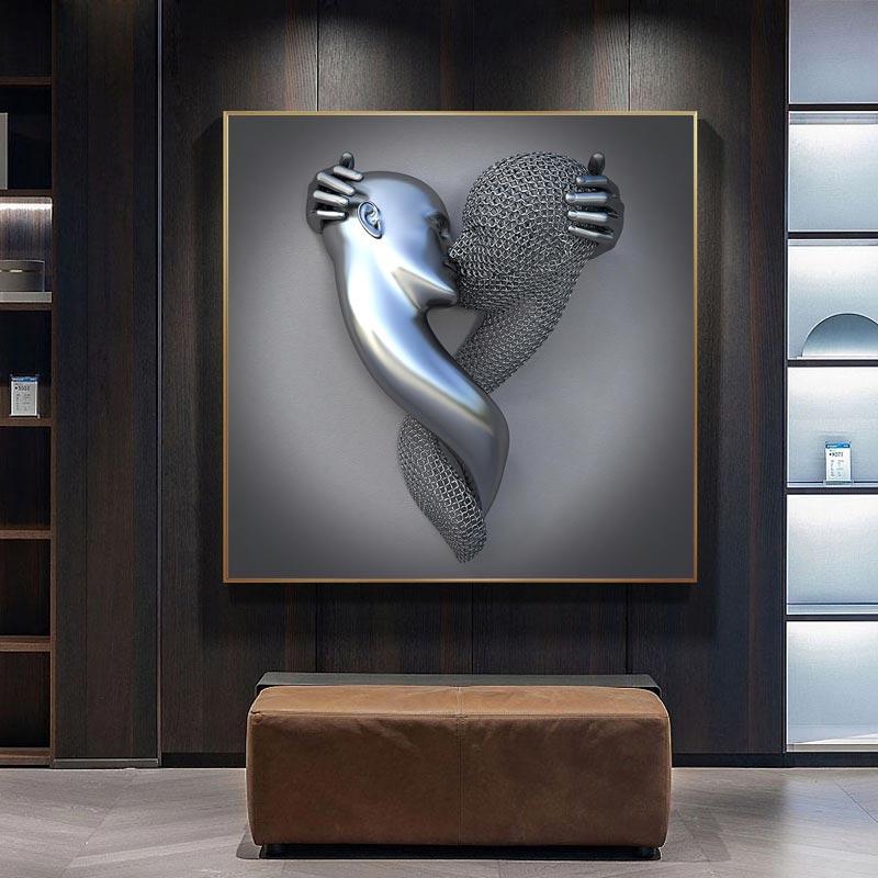 3D Visual Gold Silver Metal Figure Art Statue Canvas Painting Romantic Abstract Posters and Prints Wall Pictures Modern Home Decor for Living Room