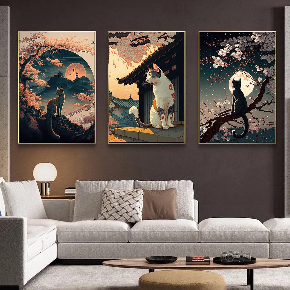 Японские забавные животные, кошки, цветущая вишня, постеры и принты, картины на холсте, настенные художественные картины для гостиной, украшения дома