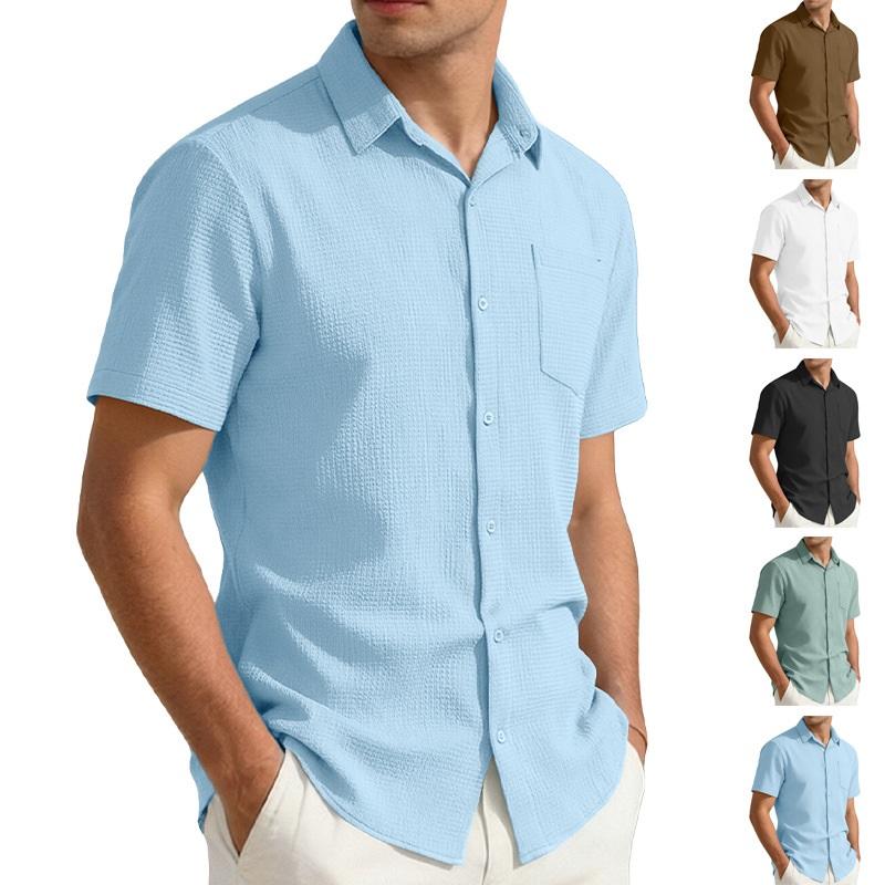 Men's Waffle Texture Short Sleeve Button Down Shirt Casual Pocketed Summer Top
