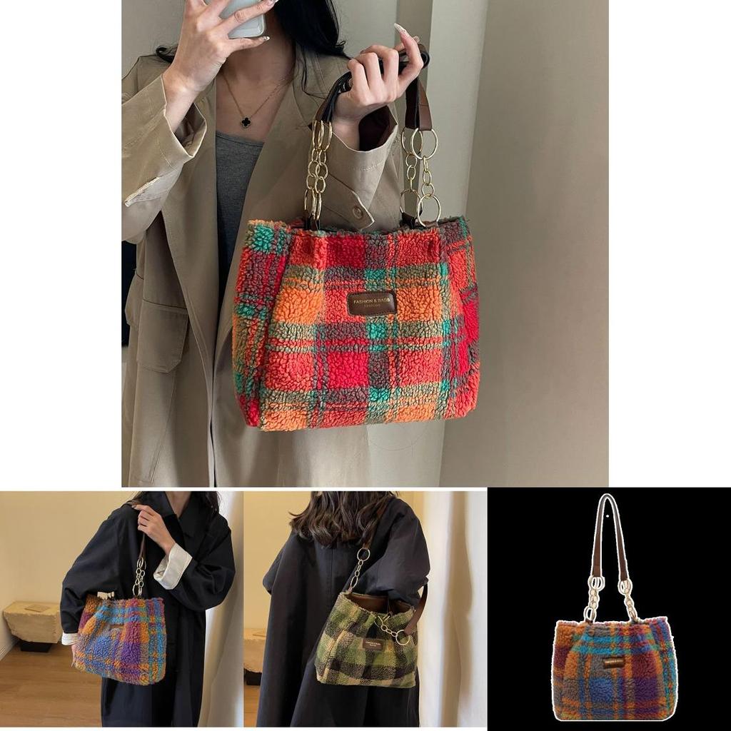 Stylish Red Purple Green Plaid Women's Canvas Shoulder Bag Perfect For Fall And Winter Outings