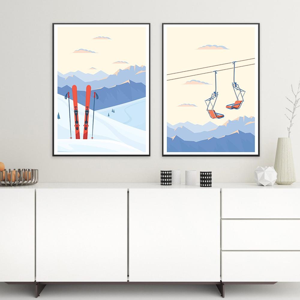 Винтажный плакат для лыжного подъемника, Настенный декор для катания на лыжах, зимний горный пейзаж, холст, картина, принт, снежная панорама, изображение для гостиной