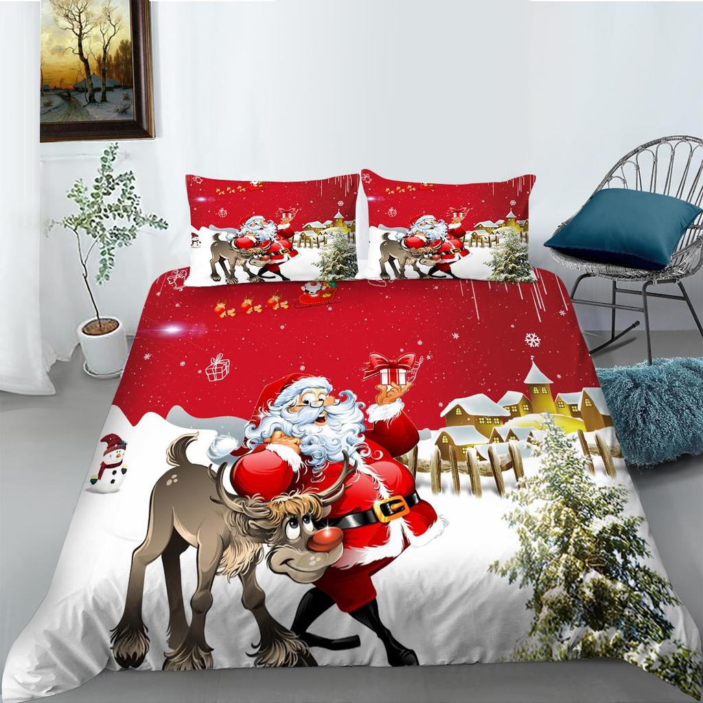3D Christmas Bedding Holiday Decoration Quilt Cover Pillowcase 2 or 3 Double Bed Single Bed Full Size Soft Washable Zipper Home Decoration
