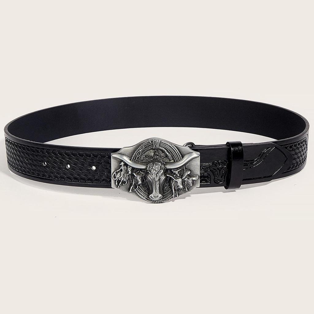 In-Stock Western Bull Head Buckle Leather Belt - Trendy Retro Punk Style for Men & Women