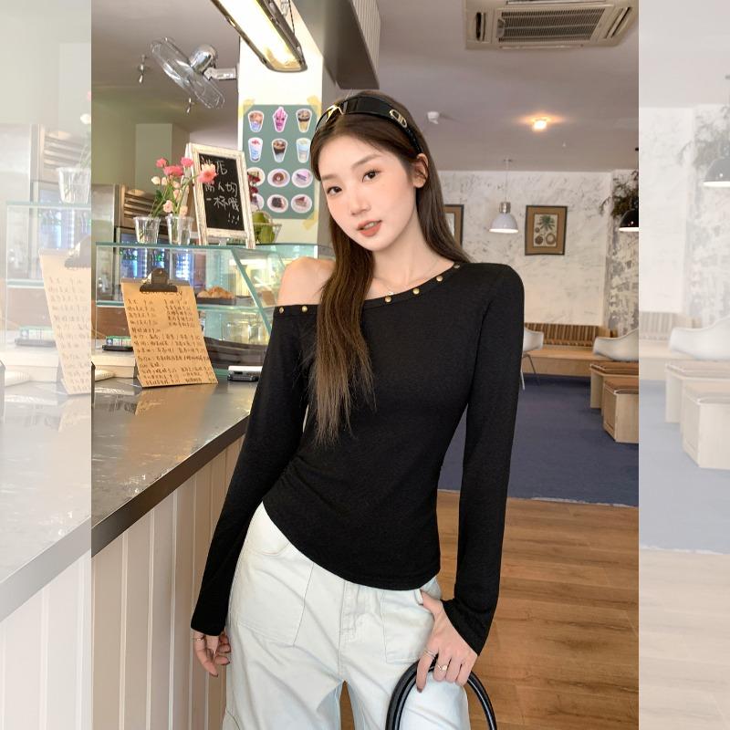 Осенний новый стиль облегающая черная футболка с длинным рукавом с открытыми плечами женская, модный сексуальный топ-пуловер на все случаи жизни для горячих девушек