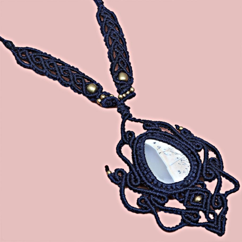Macrame Opal Handmade Necklace Thread Gemstone Dendrite Pendant Jewelry