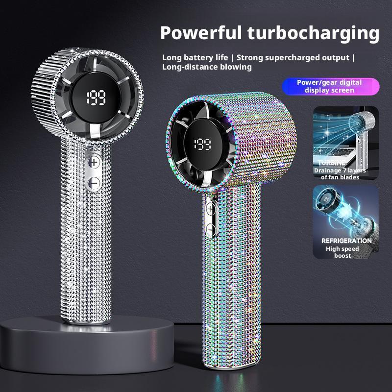 Full Diamond Luxury Craftsmanship Mini Fan Portable Handheld Turbo Fan 199 Gear Wind Long Battery Life With Digital Display