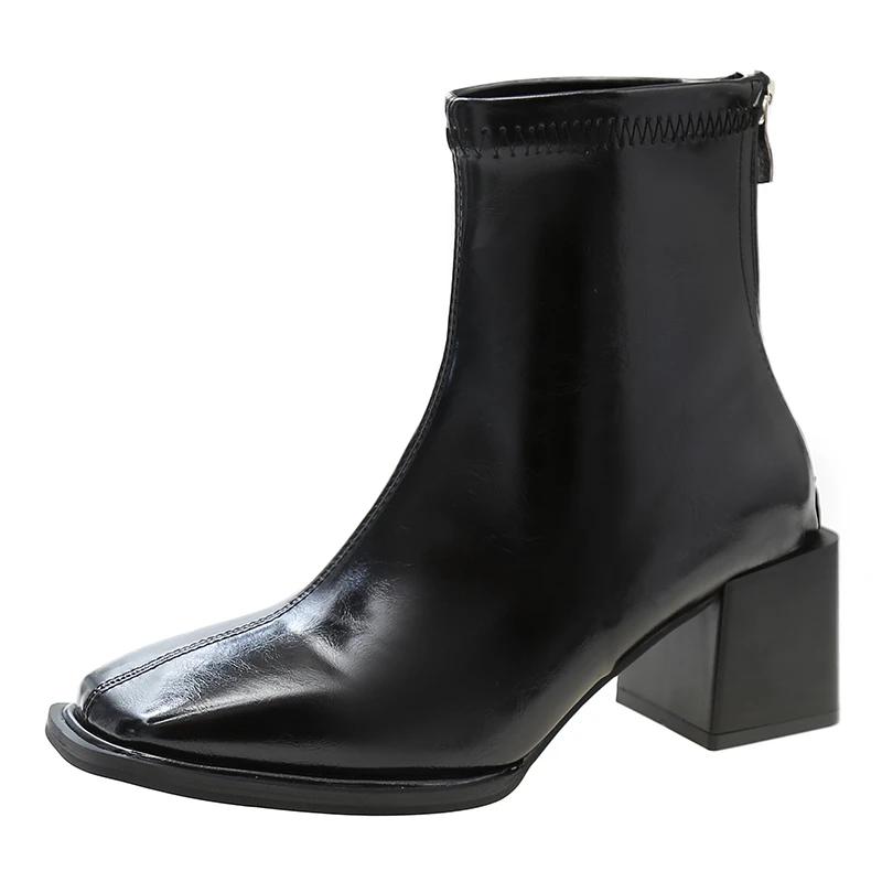 Мода 2024 года, новые осенние женские сапоги из тонкой эластичной кожи с низким бочонком, квадратная застежка-молния сзади, британская мода, короткие сапоги для женщин