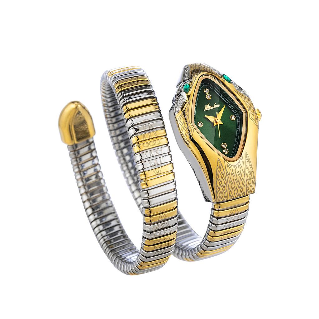 MISSFOX-Ladies' Exquisite Winding Snake Head Watch Waterproof Quartz Watch Unique Art Serpentine Diamond Bracelet
