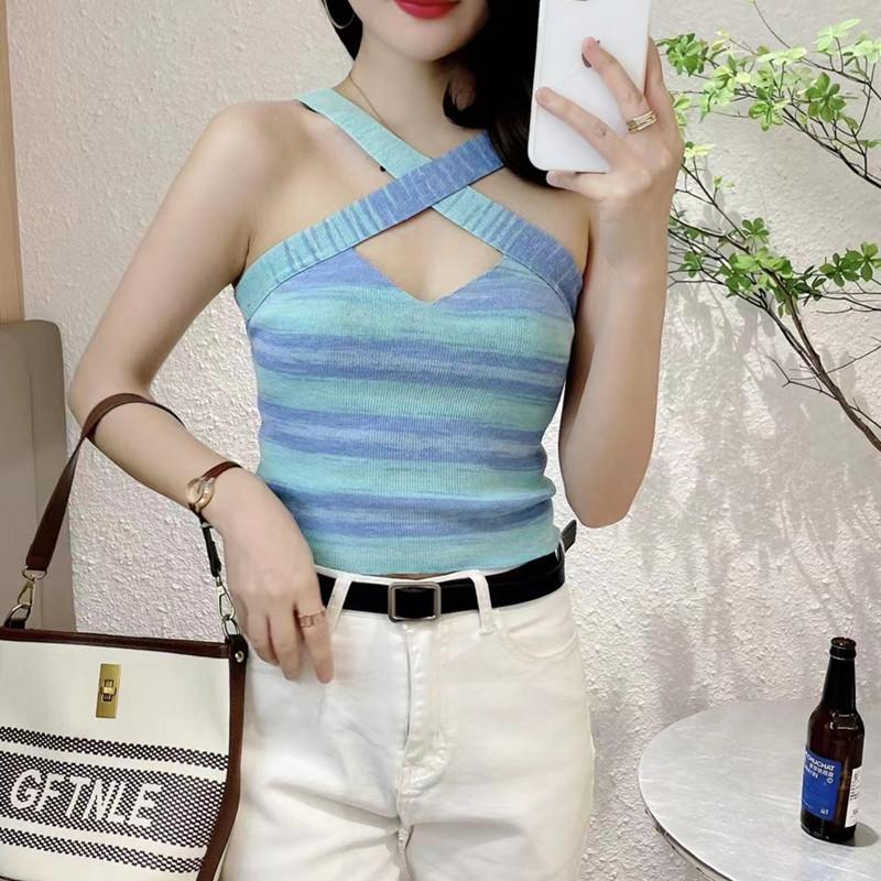 Летний новый дизайн чувственный Spice Girls Cross Halter радужная жилетка с высокой талией блузка