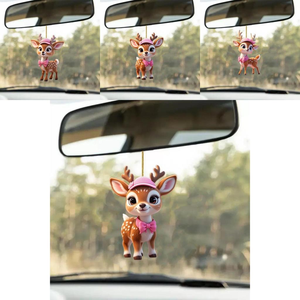 Декор для автомобиля Акриловое зеркало с мультяшным оленем, с розовой шляпой и бантом, для детского салона автомобиля