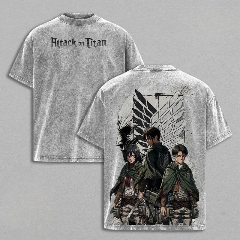 Attack On Titan Levi Eren Mikasa Printed Tee Men Women Washed Cotton T-shirts Manga Vintage T Shirt Harajuku Short Sleeve Tshirt