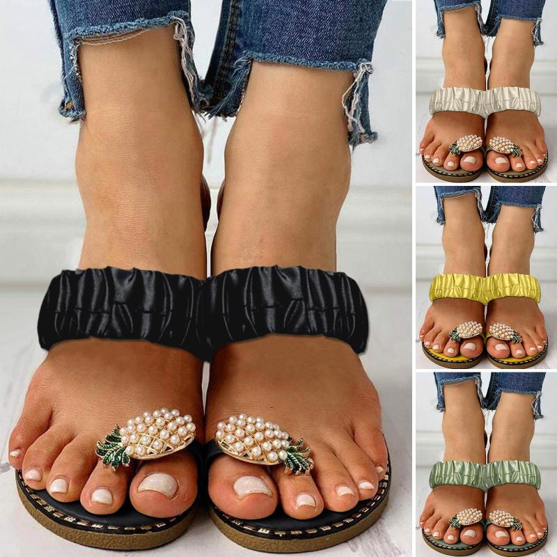 Sandalias Bohemias de punta plana para Mujer, zapatos de playa con perlas de piña, talla grande, Verano, sandals women