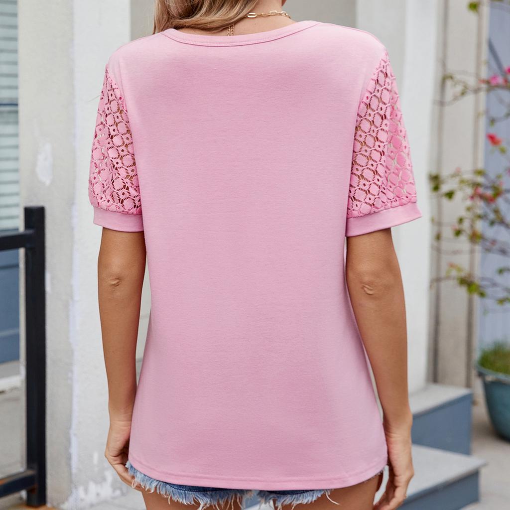 Весна и лето Новая однотонная свободная женская футболка с V-образным вырезом и короткими рукавами