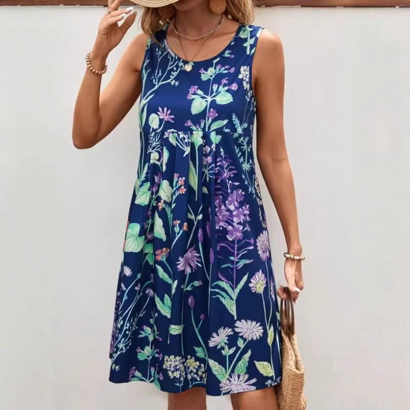 Womens Elegant Floral Digital Print Sleeveless Midi Dress With Elastic Waist Boho Chic