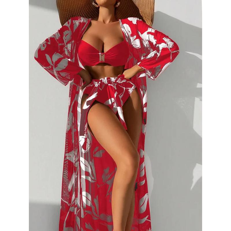 Бикини пуш-ап с принтом растений и кимоно, прикрытый купальник, женский купальник с длинным рукавом, комплект бикини из трех предметов, купальный костюм