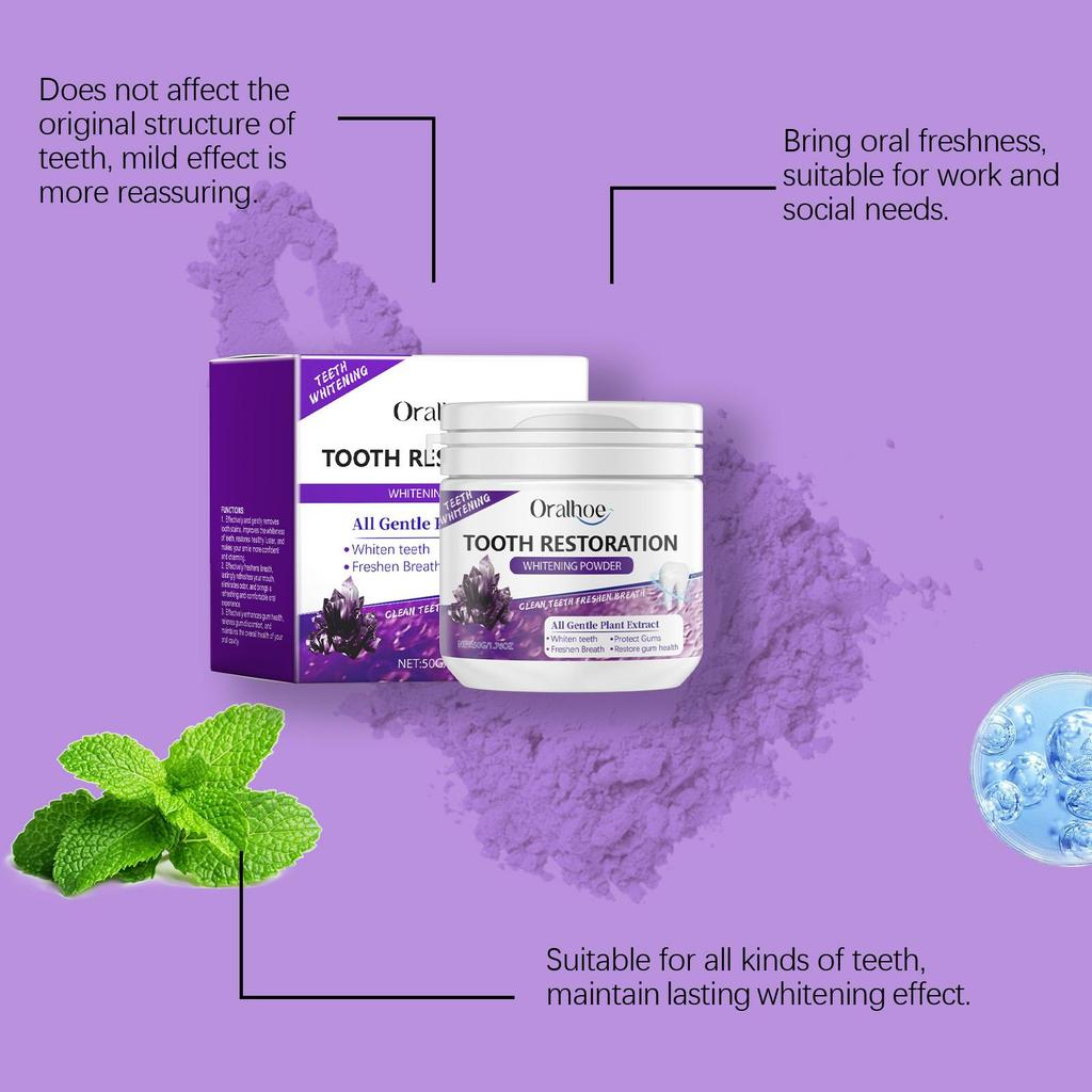 Oralhoe 50g Teeth Whitening Powder Purple Brighten Mint Scent Fresh Breath Remove Stain Oral Hygiene Clean Bleach Teeth Powder