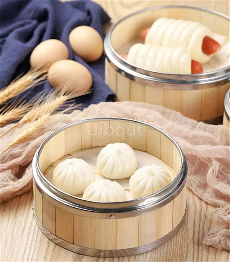 Бамбуковая корзина для готовки на пару с окантовкой из нержавеющей стали, без крышки, корзина для варки на пару булочек, пельменей, димсамов, кухонный гаджет