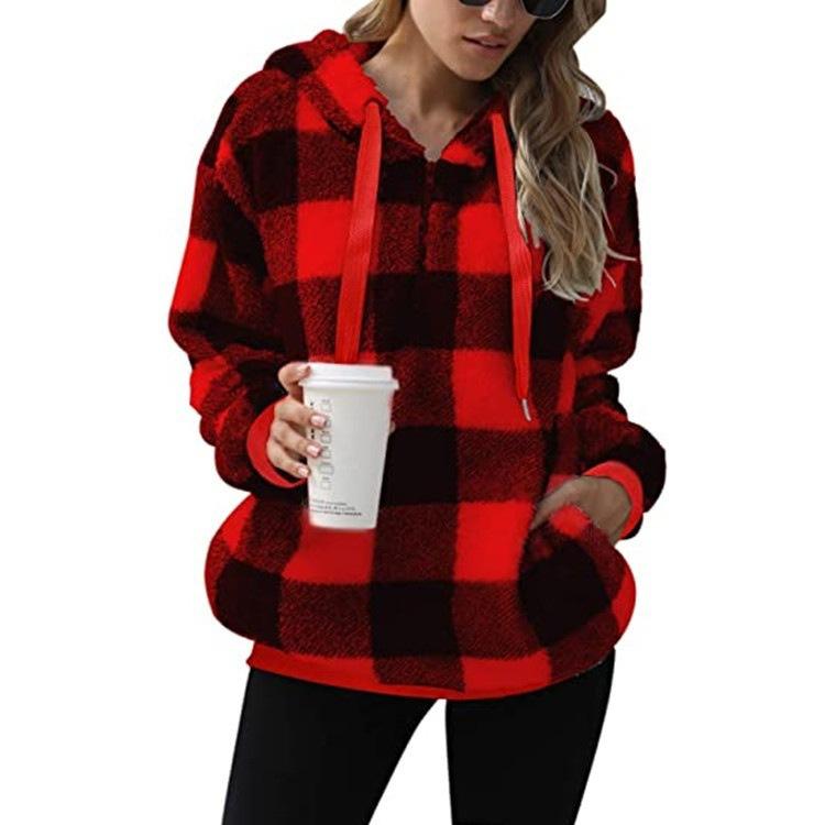 Women's Long Sleeve Stitching Lattices Hooded Sweatshirts Fleece Sweatshirt Warm Hooded Plush Pullover