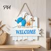 Decorative Door Hanger Mediterranean Style Wooden Welcome Sign, Starfish And Shells Hanging Blue White Ocean Sign Plaque, Wall Art for Home