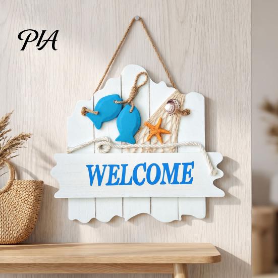 Decorative Door Hanger Mediterranean Style Wooden Welcome Sign, Starfish And Shells Hanging Blue White Ocean Sign Plaque, Wall Art for Home