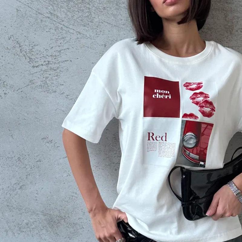 Printed Top Cotton Short Sleeved Round Neck T-shirt Women's Loose Fitting Pullover Versatile Daily Dressing Summer 2025 New Fashion