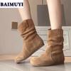 Flats Women Ankle Boots Pleated Shoes 2025 Trend Casual Walking Fashion Cozy Chelsea Boots Winter New Suede Outdoor Mujer Botas